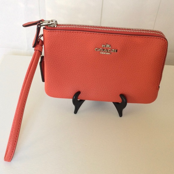 Coach Pebbled Leather Double Zip Around Wallet Wristlet Bright Poppy - Picture 2 of 6